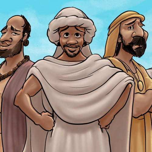 four drawn, animated characters from the book of acts standing in a line facing the camera