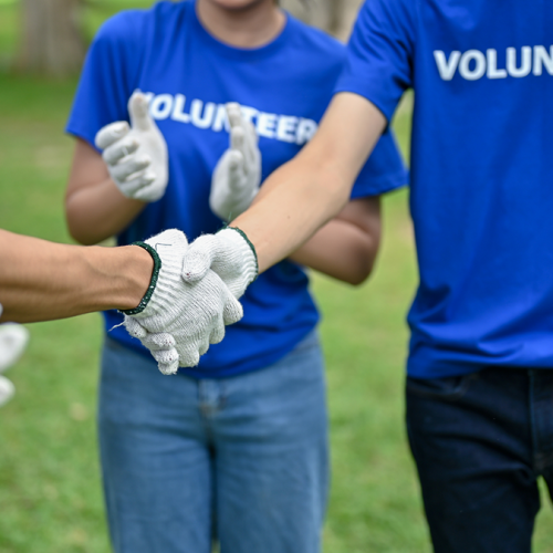 Volunteers in blue shirts shake hands while wearing work gloves, with others clapping in the background, symbolizing teamwork and collaboration.